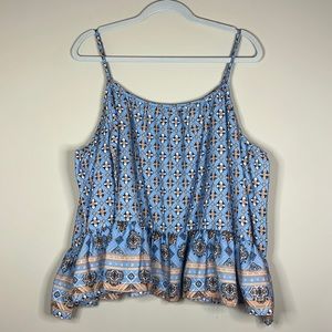 En Creme Medium Light Blue Patterned Cold Shoulder Camisole